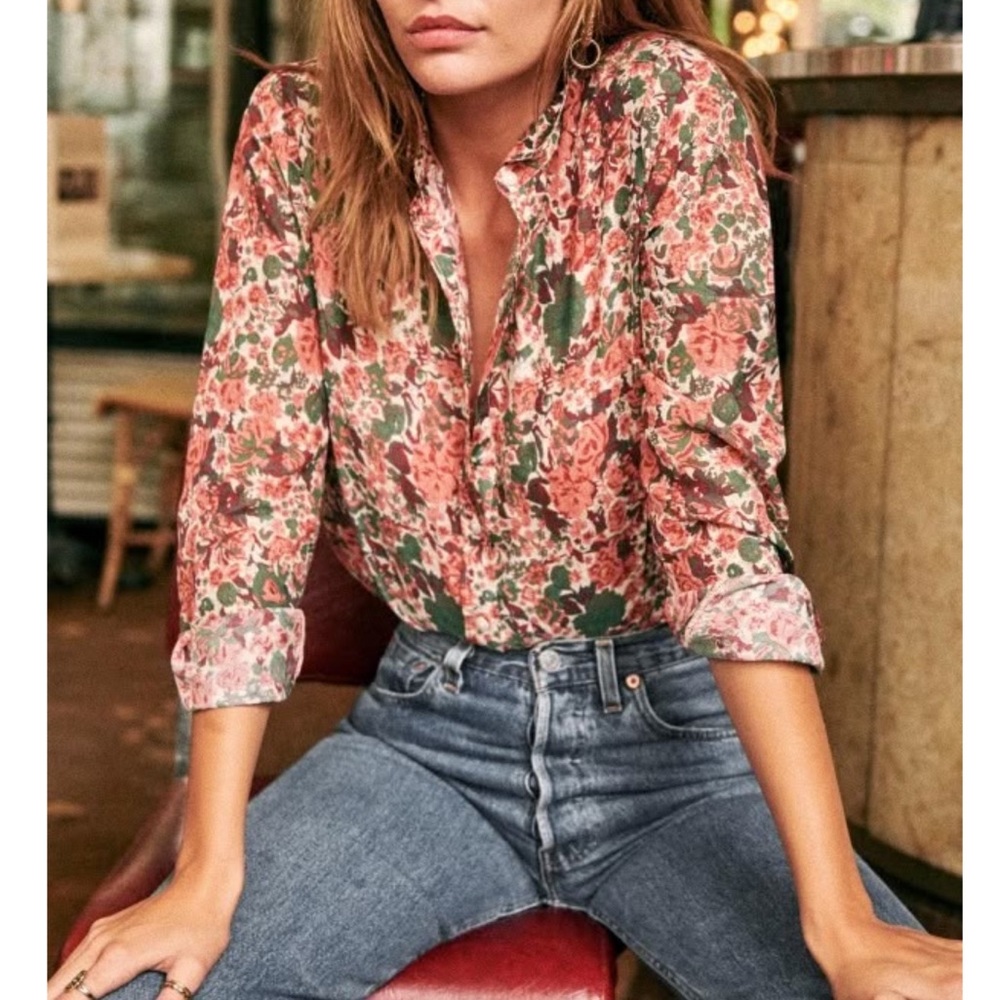 SEZANE Pink & Green Floral Printed Button Down Shirt Pierro Shirt Blouse